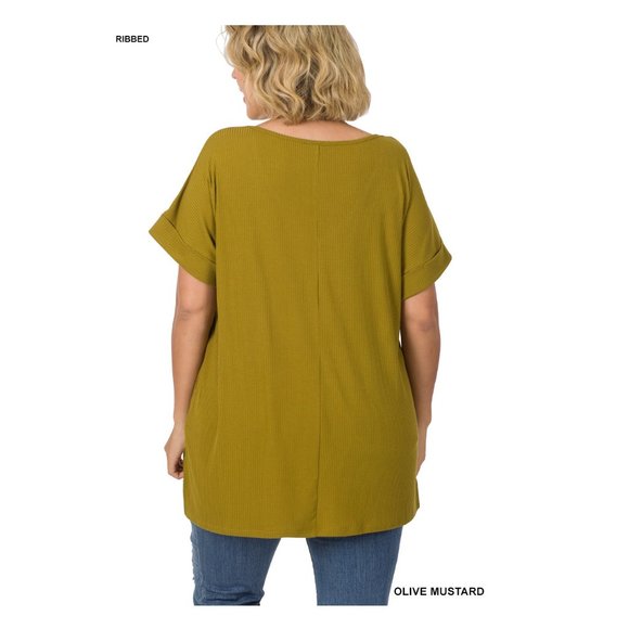 Plus Size Ribbed Knit Top Short Sleeve V-Neck With Side Slits Olive Mustard - Picture 3 of 4